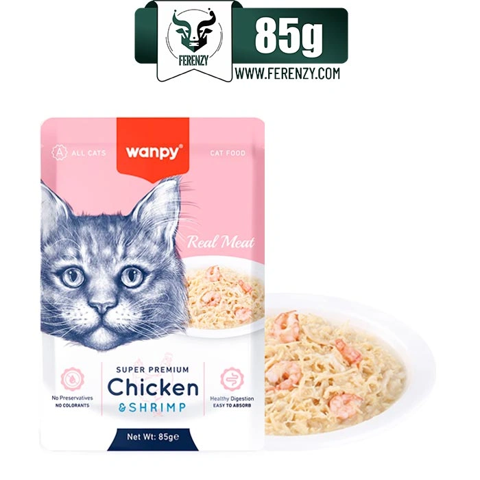 پوچ گربه ونپی طعم مرغ و میگو در ژله 85 گرم Wanpy Super Premium Chicken & Shrimp