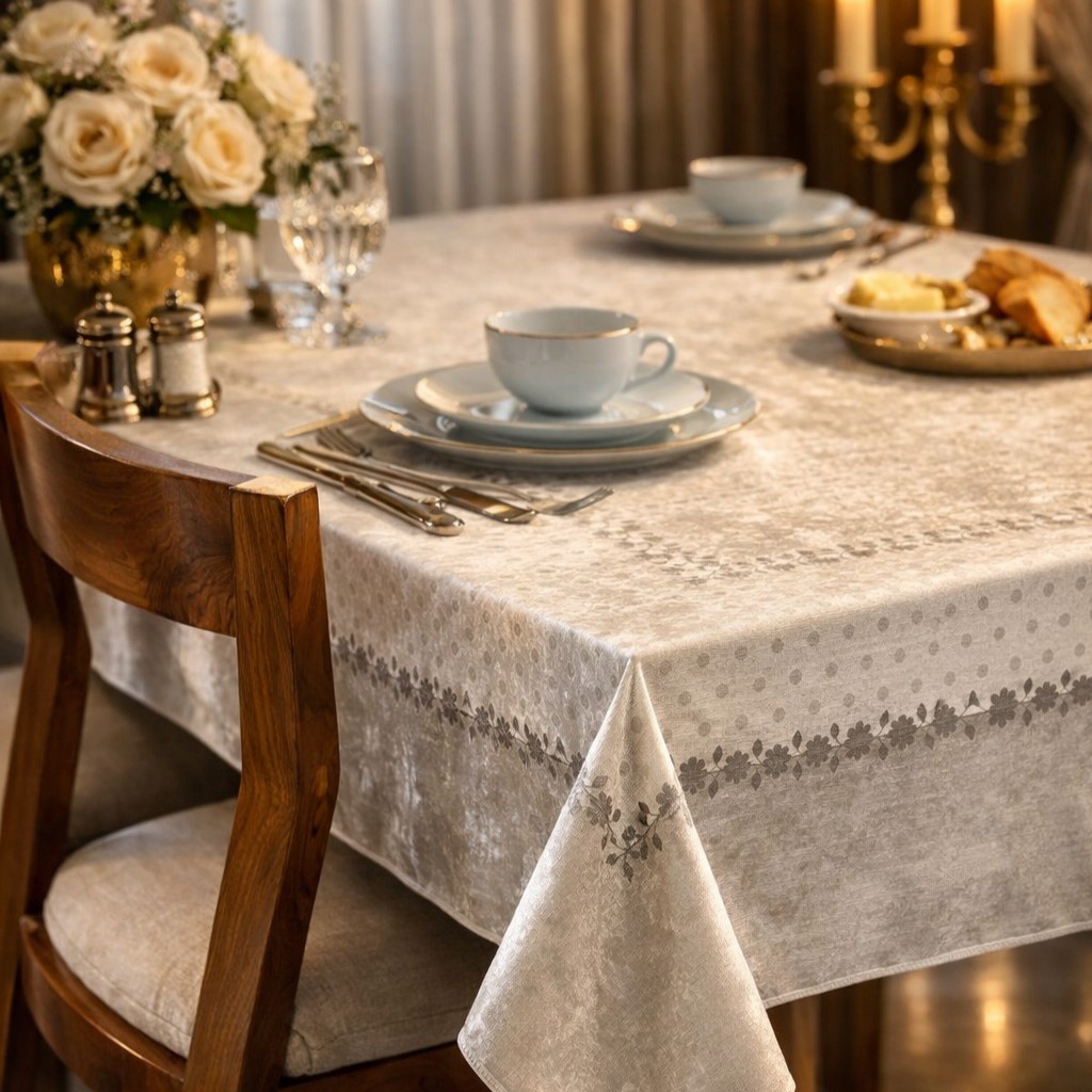 رومیزی و سفره ضدلک طرح پیچک طوسی