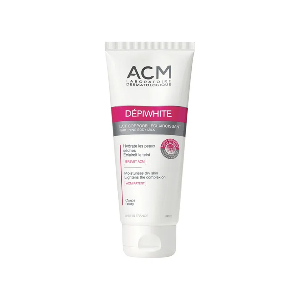 لوسیون روشن کننده بدن ACM دپی وایت ۲۰۰ میل | روشن‌کننده قوی و ضدلک بدن ای سی ام ACM DEPIWHITE WHITENING BODY MILK 200 ml