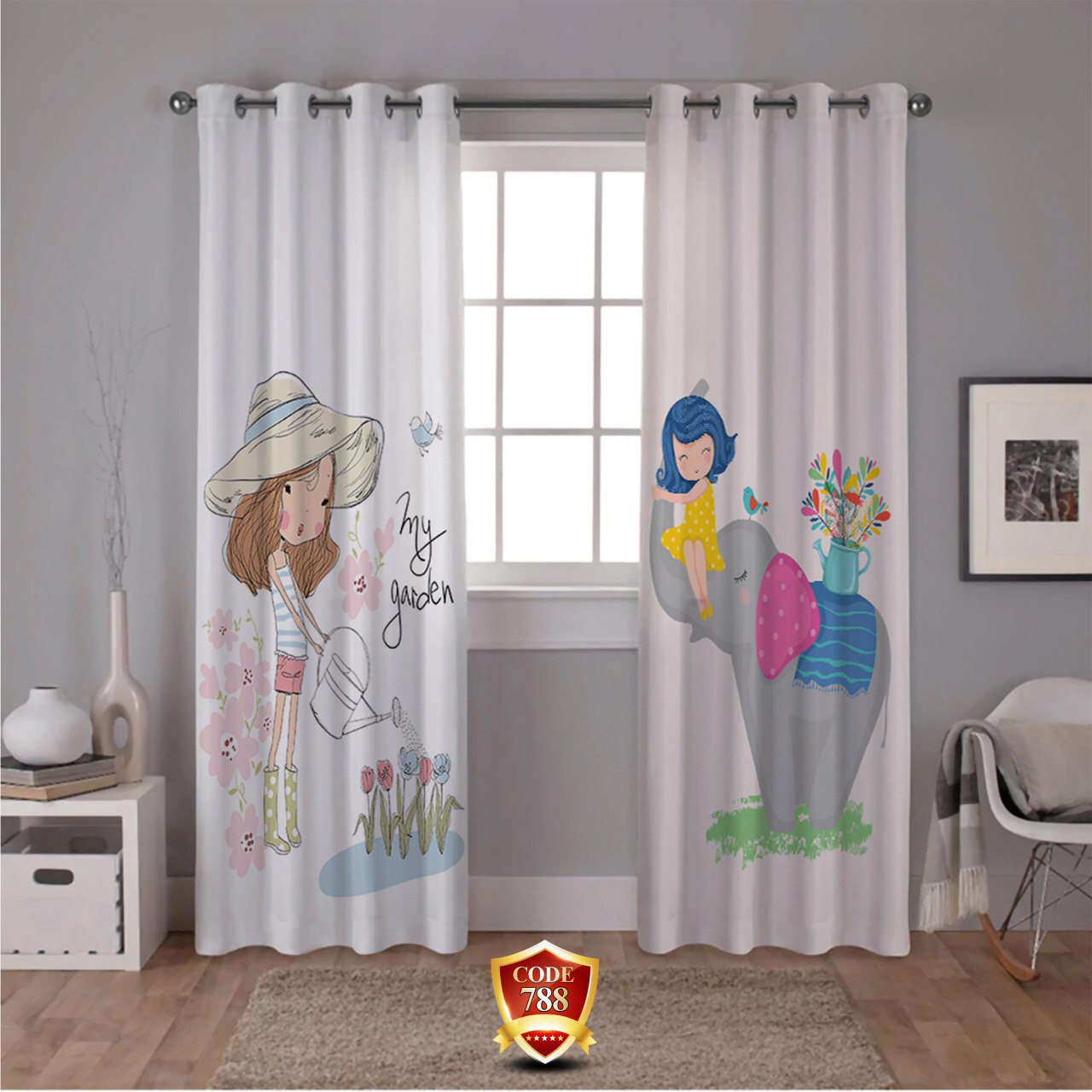 ست فرش پرده دخترانه زمینه کرم B377