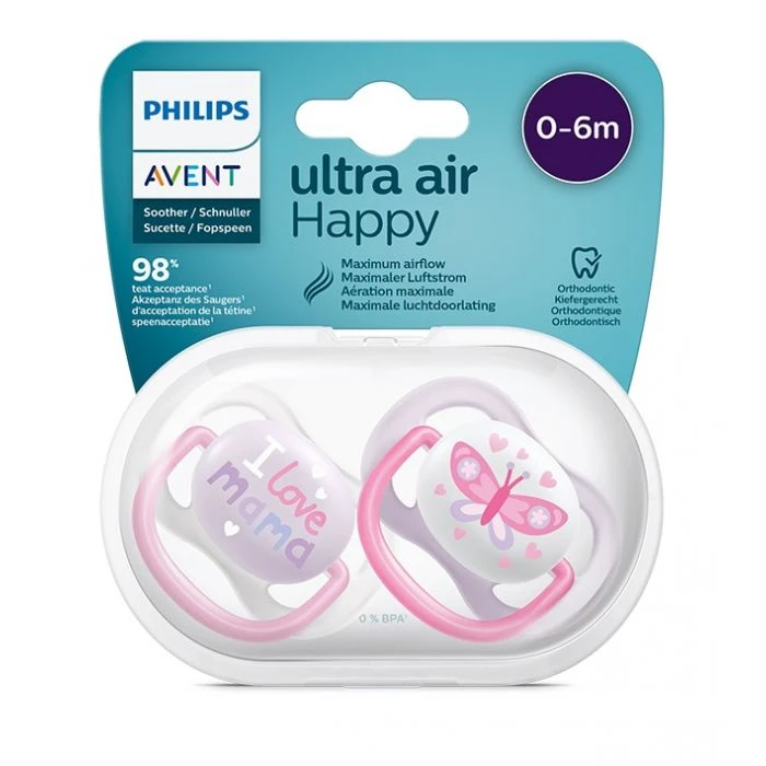 پستانک اونت اولترا ایر 2عددی وتکی 0 تا 6 ماه avent ultra air پروانه و لاو ماما