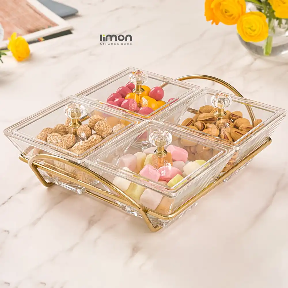 اردو خوری شیشه ای مربع 4 خانه لیمون کد 210800 - طلایی