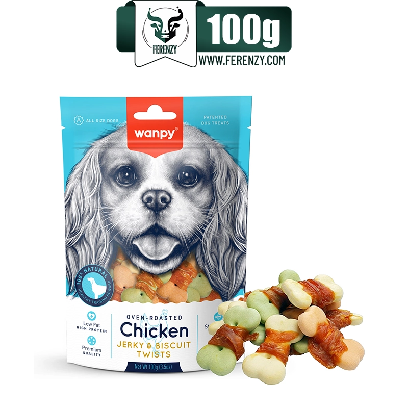 تشویقی سگ ونپی بیسکویت با دورپیچ مرغ  chicken jerky and bisquit twist وزن 100 گرم