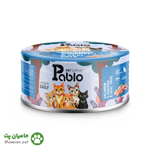 کنسرو حمایتی گربه پابلو پته طعم مرغ، سالمون و گوشت گوساله وزن ۲۰۰ گرم
