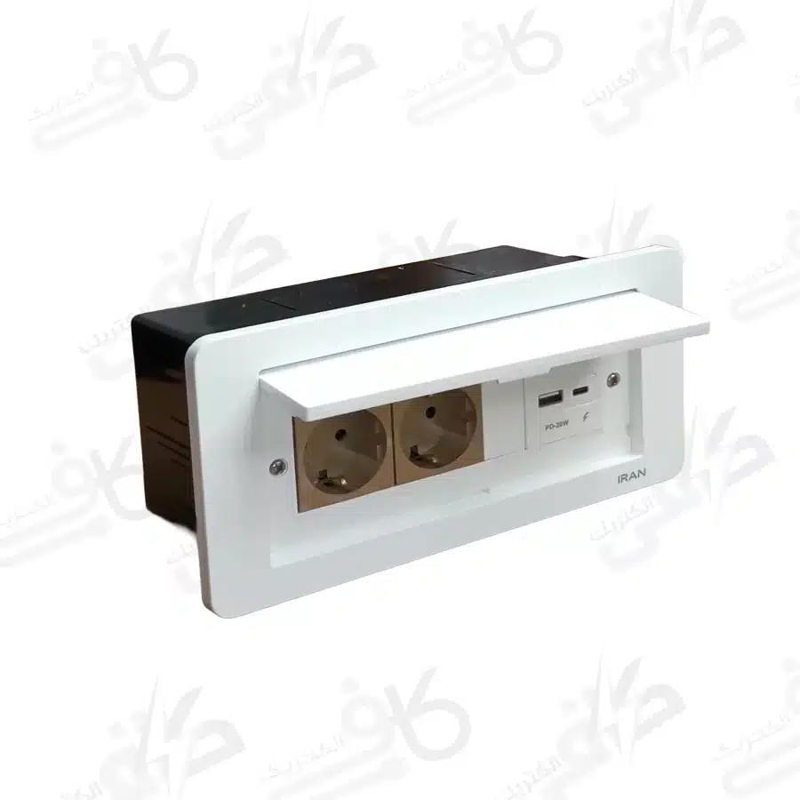 پریز کابینتی میزی توکار قاب سفید میانی بژ با مکانیزم شارژر USB | ایران الکتریک