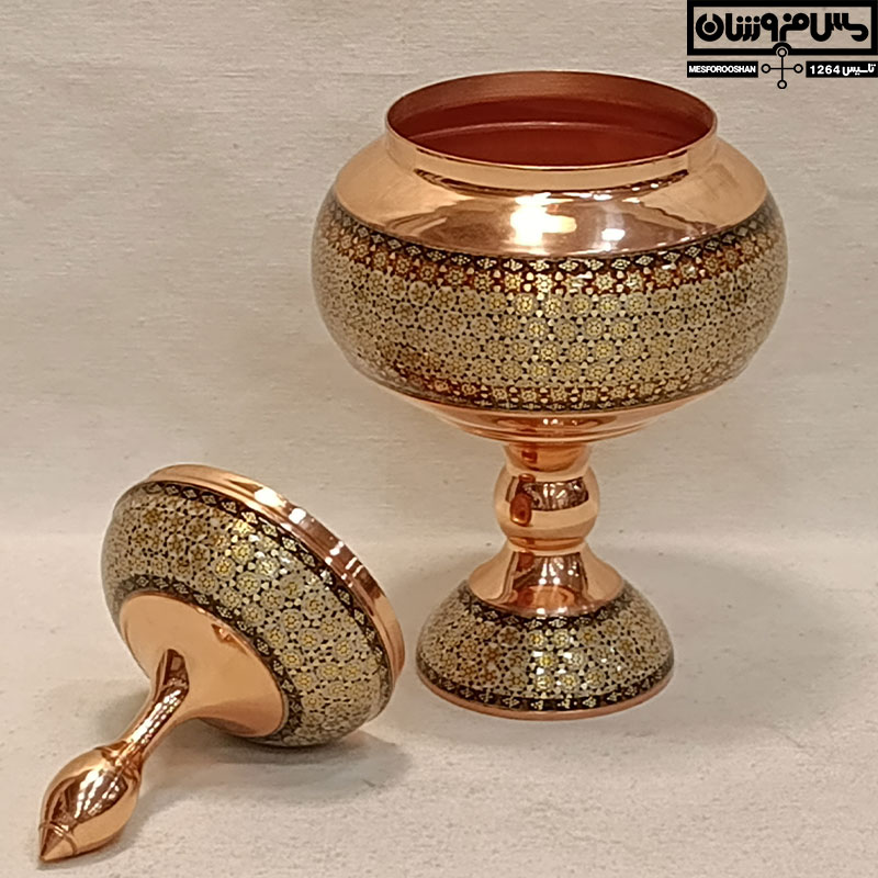 آجیل خوری مس خاتم کاری پایه دار دستساز نانو زنجان مدل کالو
