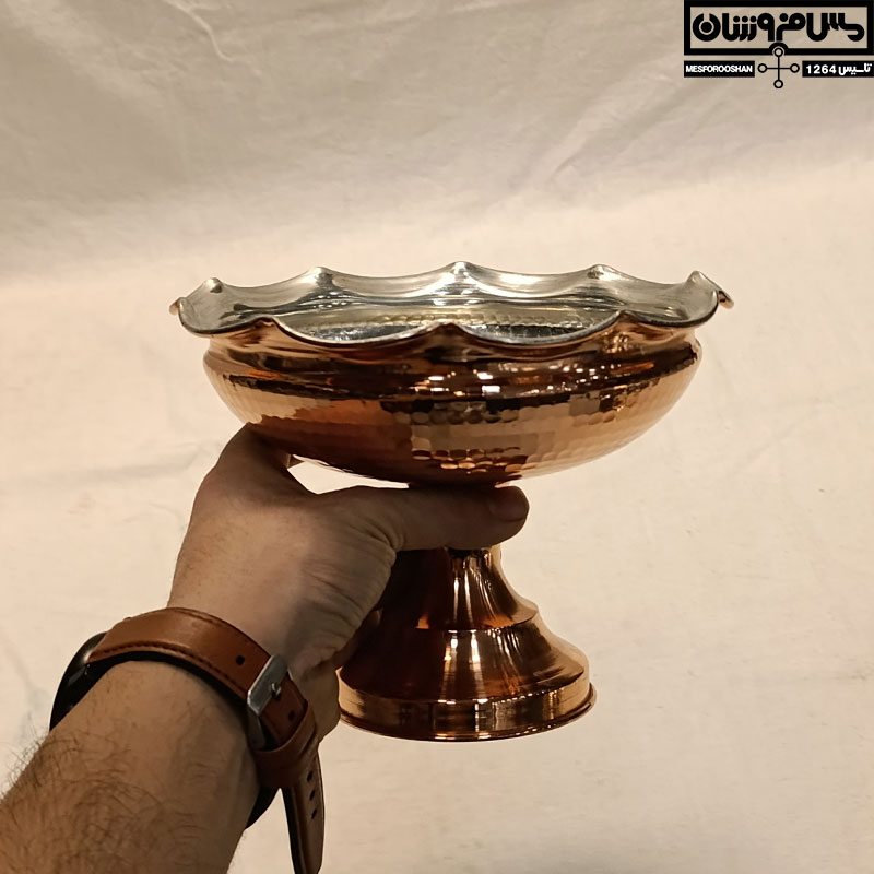 آجیل خوری مسی تک پایه بلند سفیدگری قلع مدل هنری