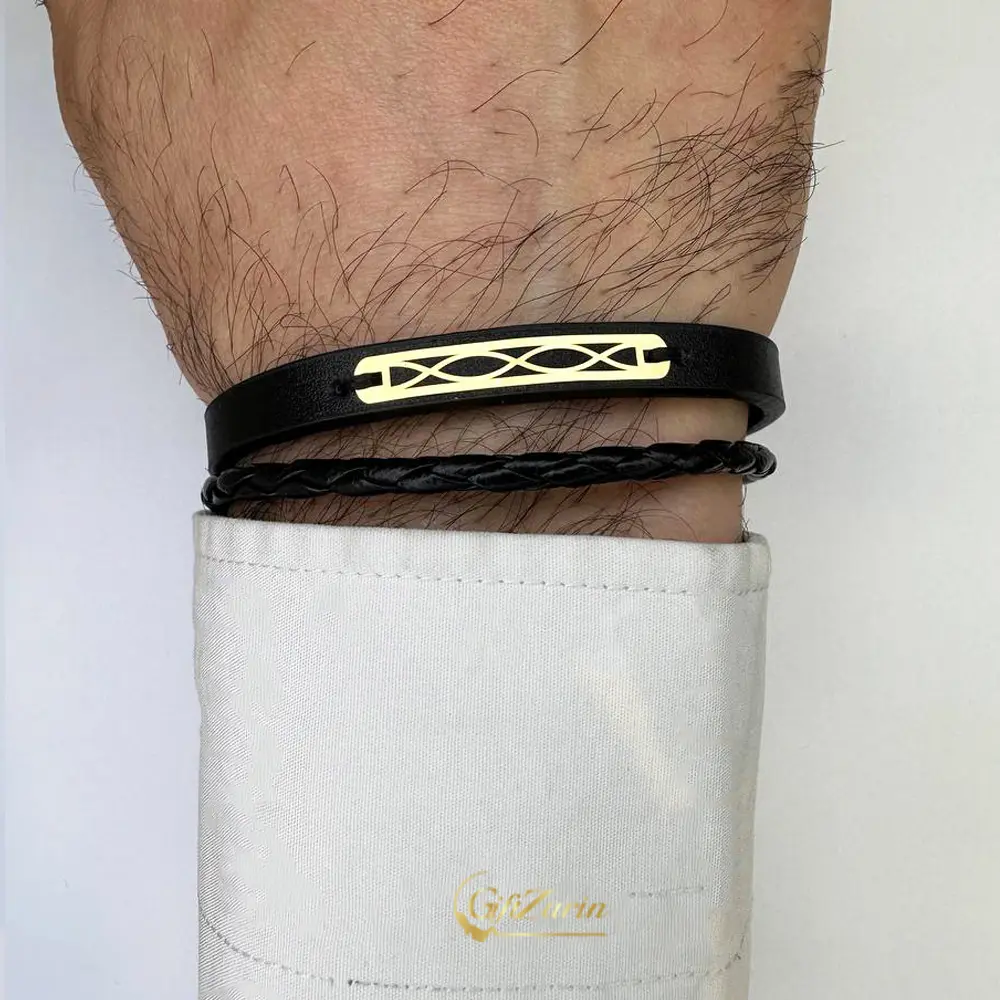 دستبند چرم و طلا مردانه M384