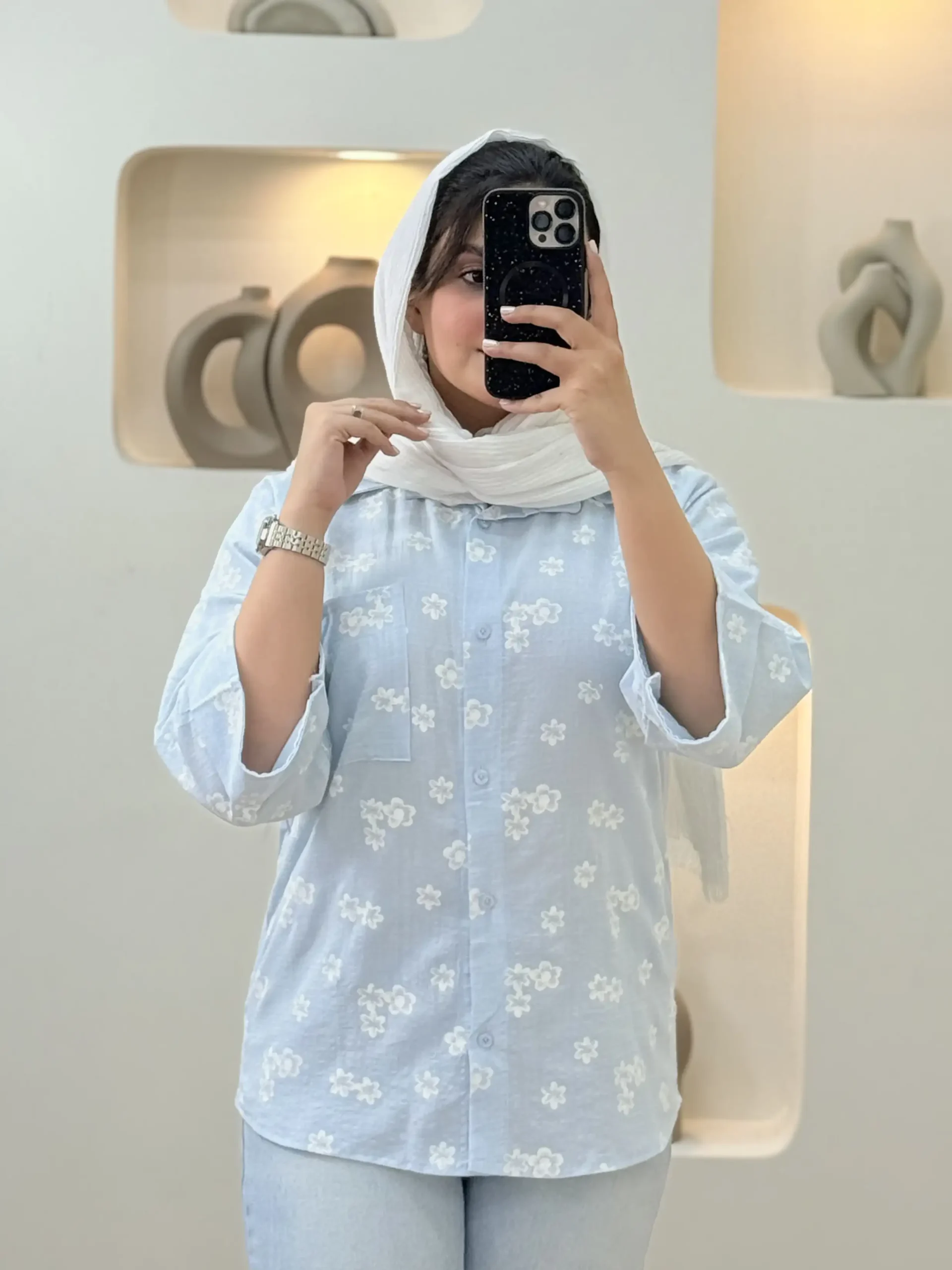 شومیز گل گچی تک جیب - آبی