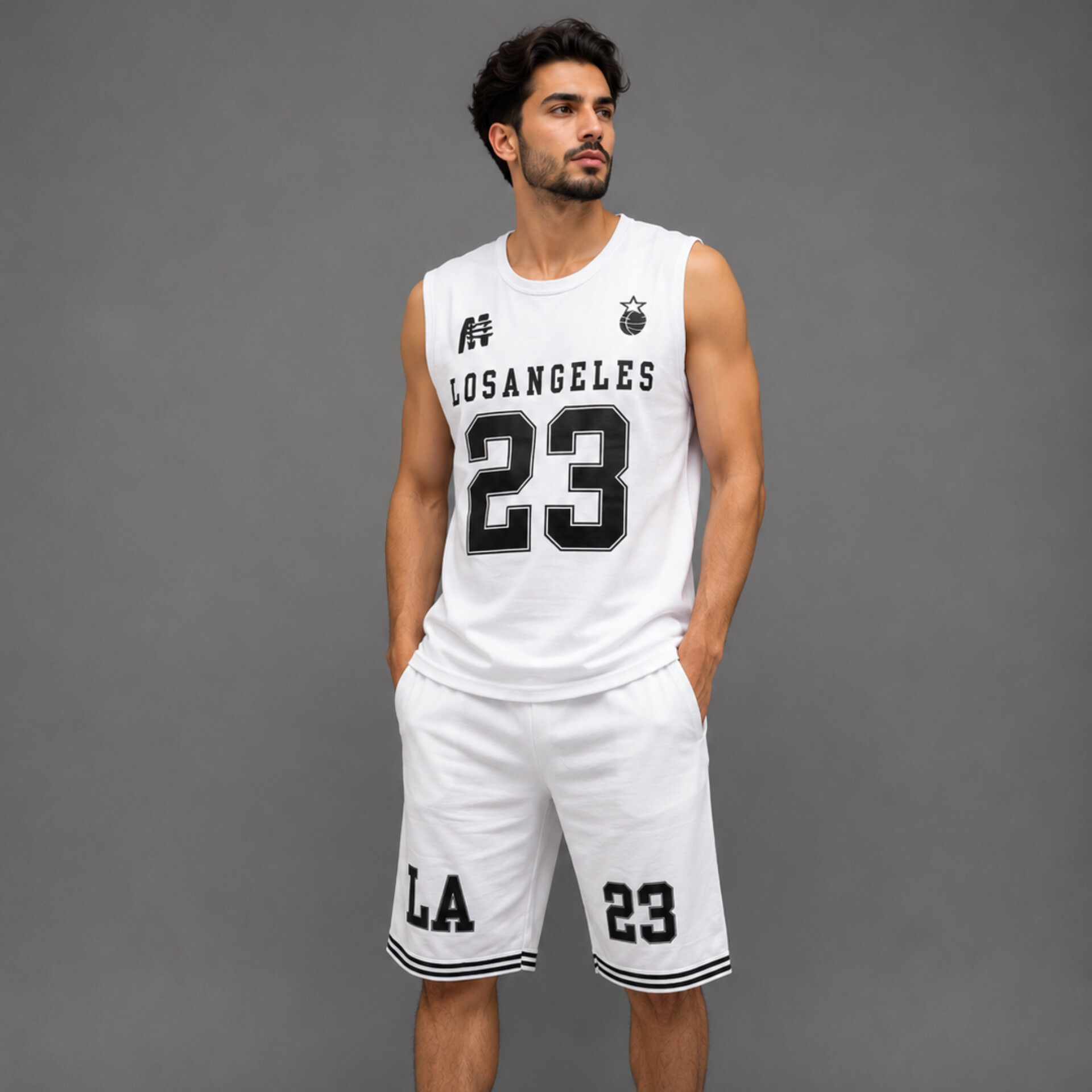 ست رکابی شلوارک مردانه LOS ANGELES 23|بوتیک ماموت - سفید, L