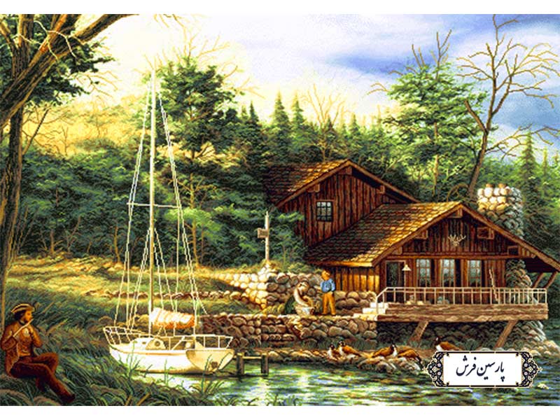 نخ و نقشه تابلو فرش منظره کلبه و قایق - کد NV957