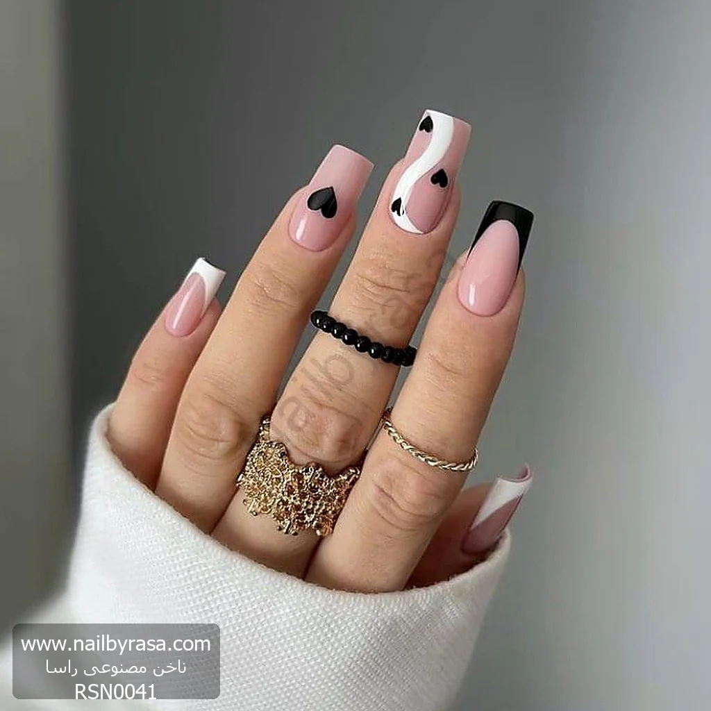 ناخن مصنوعی طرح قلب مشکی و سفید موج‌دار فرنچ مدرن مربعی بلند راسا - RSN0041