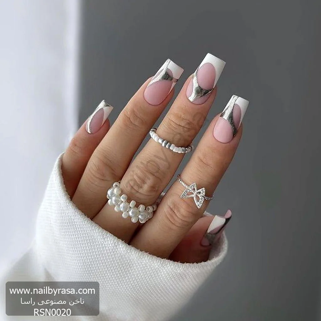 ناخن مصنوعی طرح فرنچ مدرن سفید و کروم نقره‌ای مربعی بلند راسا - RSN0020