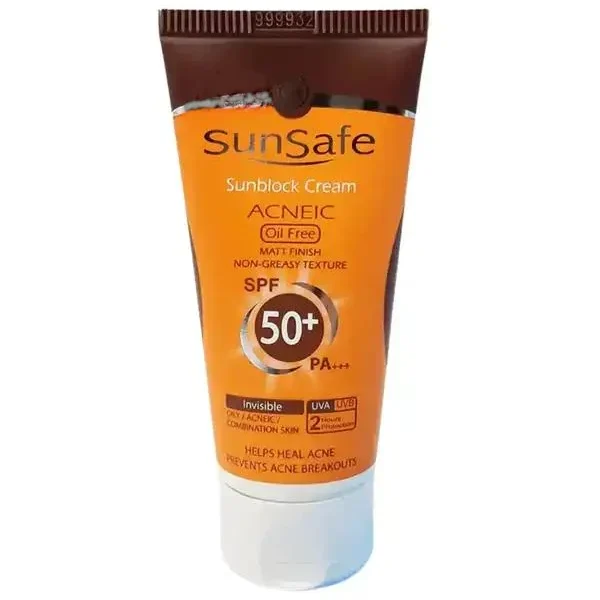 کرم ضد آفتاب بی رنگ SPF50 فاقد چربی سان سیف Sun Safe مدل Acneic
