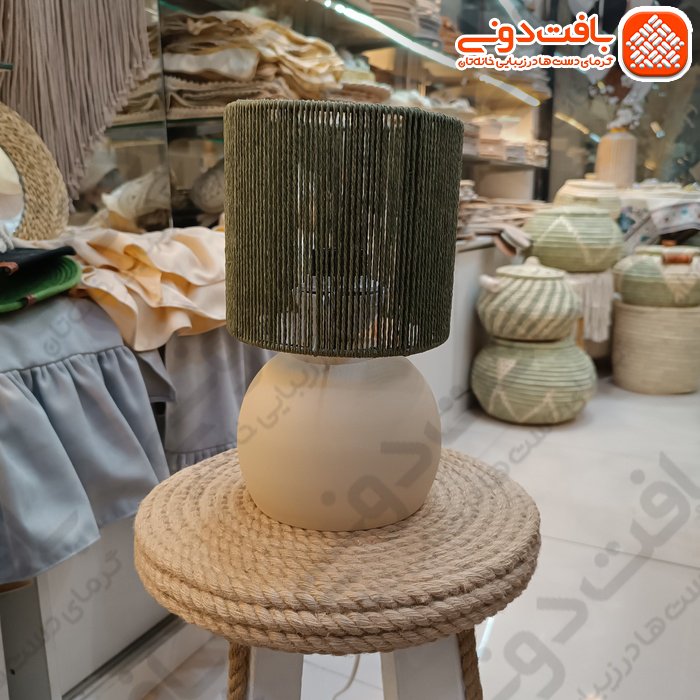 آباژور رومیزی رافیا سبز پایه فلزی کد 01514