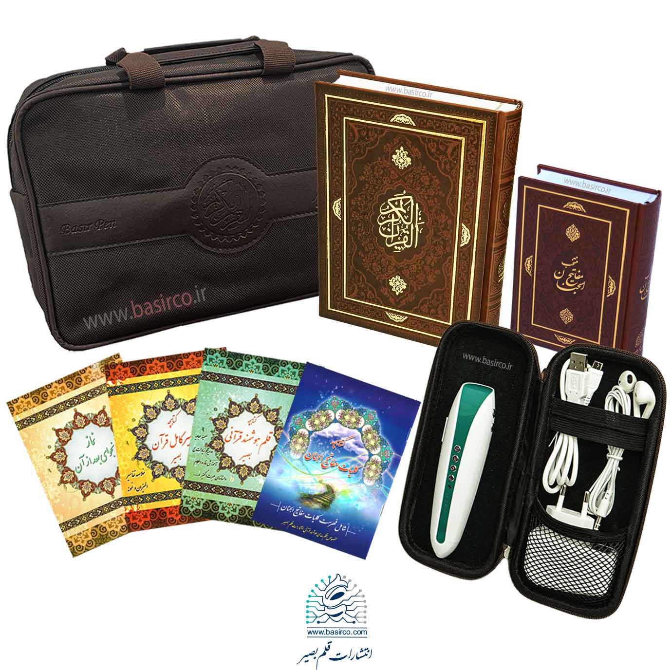 قلم قرآنی بصیر 40 گیگ با قرآن 604 صفحه‌ای و منتخب مفاتیح (کیف برزنتی)