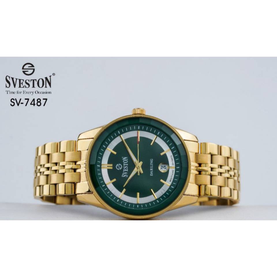 ساعت مردانه برند سوستون sv 7487 صفحه سبز بند طلایی