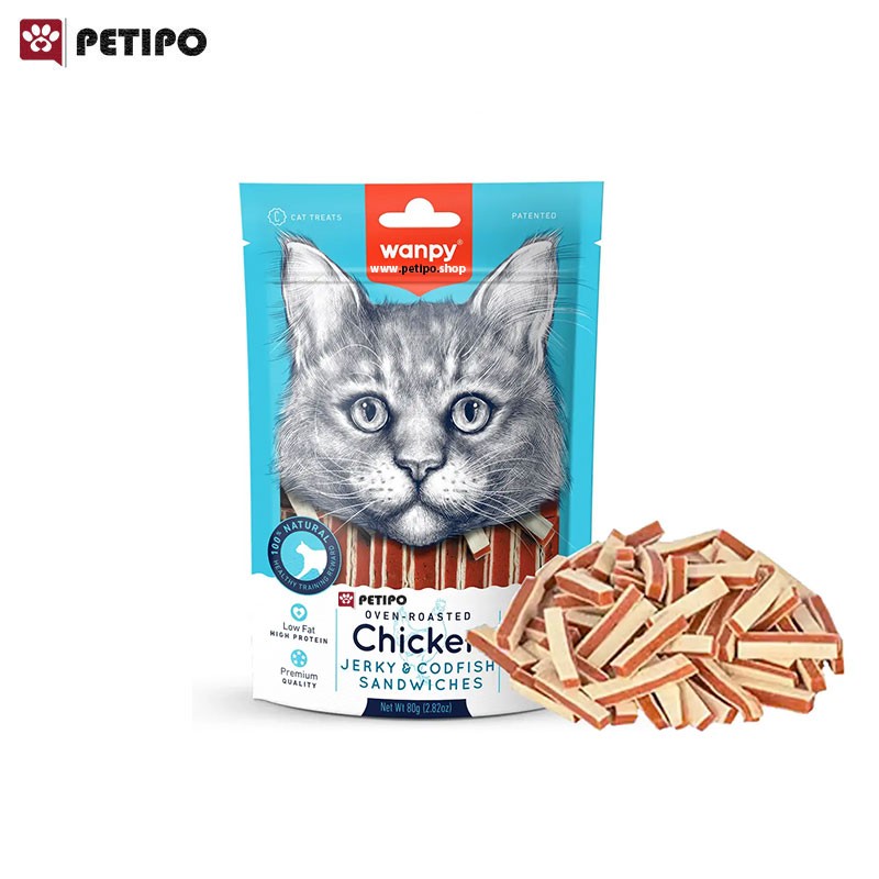تشویقی ساندویچی گربه طعم مرغ و ماهی کاد ونپی (Wanpy Chicken Jerky and Codfish Sandwiches for Cat Treats) وزن 80 گرم