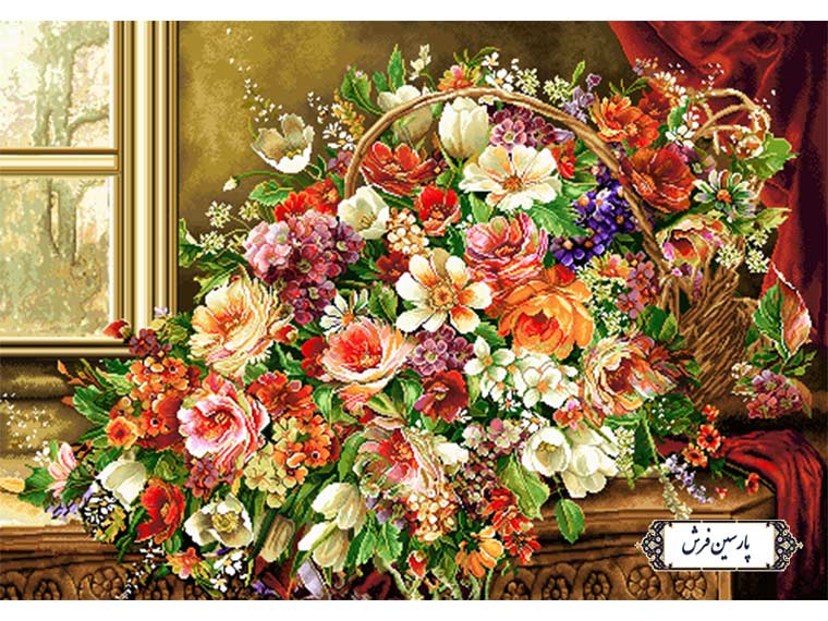 نخ و نقشه تابلو فرش سبد گل کنار پنجره - کد NG1548