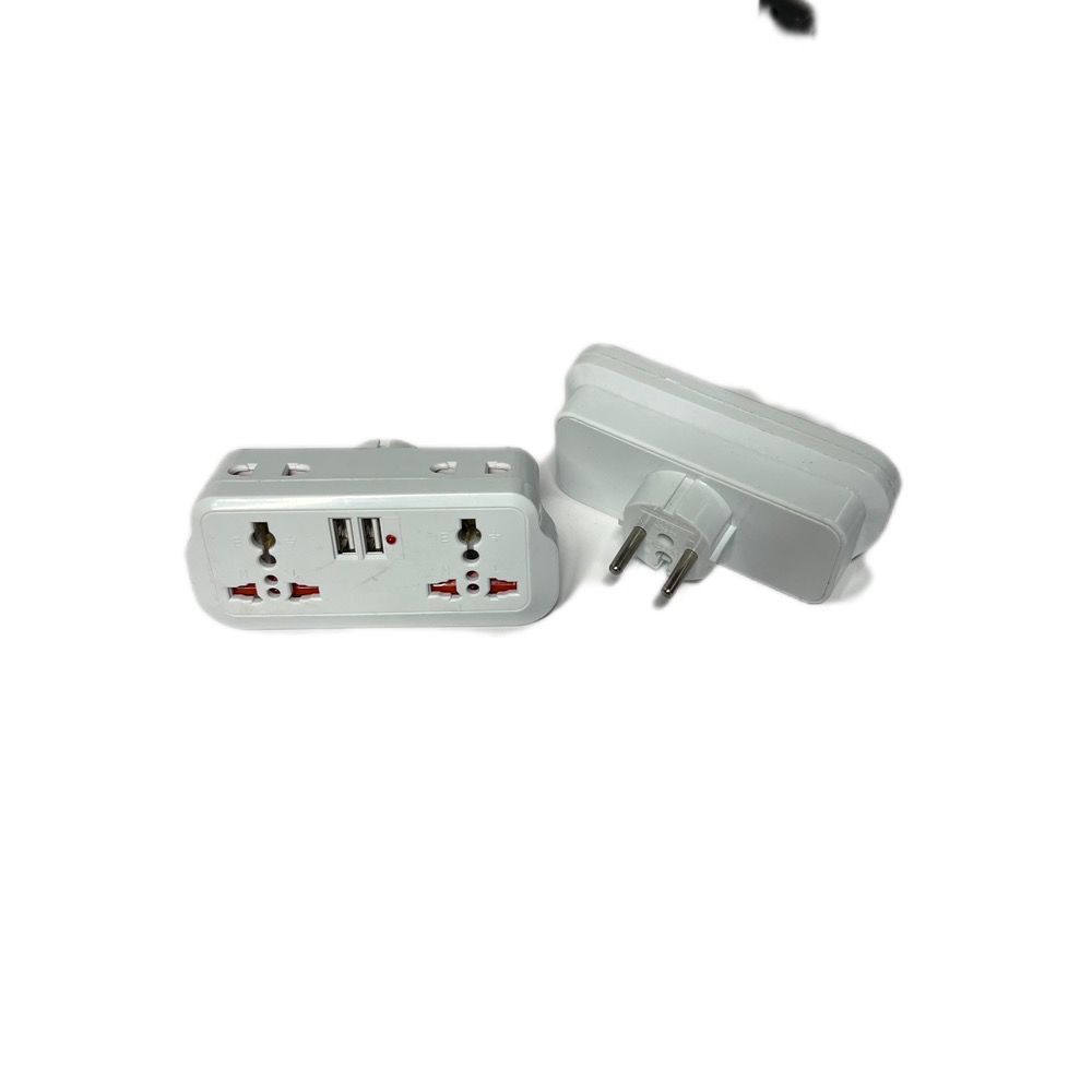 چندراهی برق دیواری دو خروجی universal با دو پورت USB | تبدیل سه‌شاخه به دوشاخه