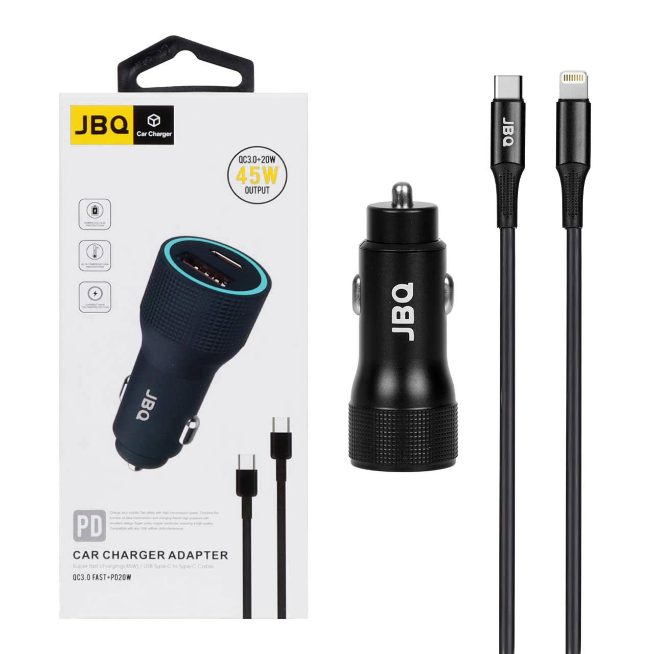 شارژر فندکی فست و PD دو پورت JBQ مدل CC-P8 45W همراه با کابل Type-C to Lightning - مشکی