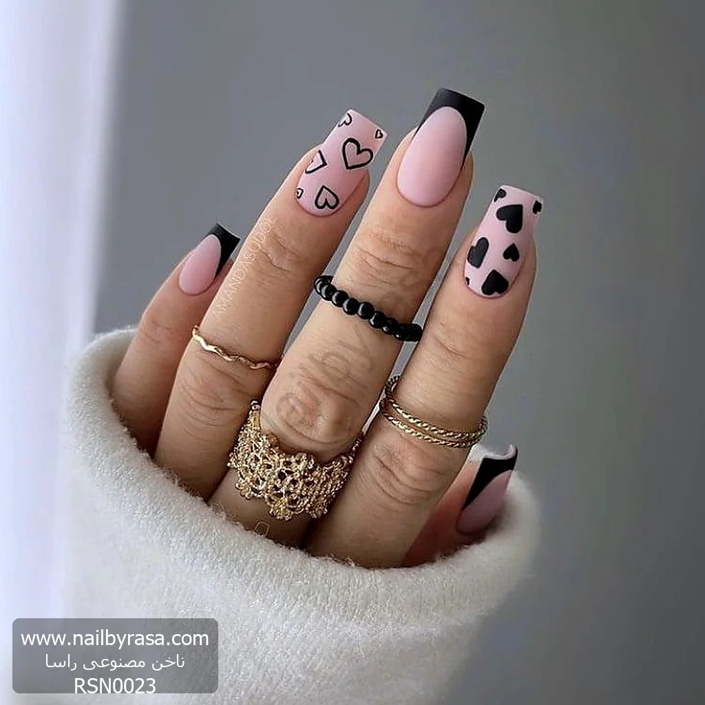ناخن مصنوعی طرح قلب و فرنچ مشکی مات صورتی مربعی بلند راسا - RSN0023