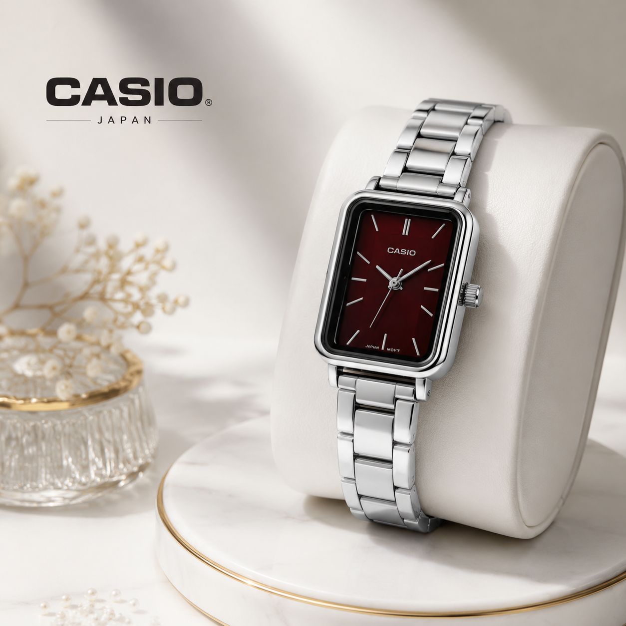 ساعت کاسیو زنانه صفحه مستطیلی قرمز تیره بند فلزی سیلور (e) کد CAA-14082
