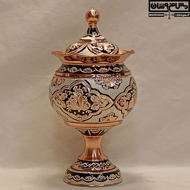 قندان مس نقره کوب پایه دار کنگره ای دستساز نانو زنجان مدل جیان