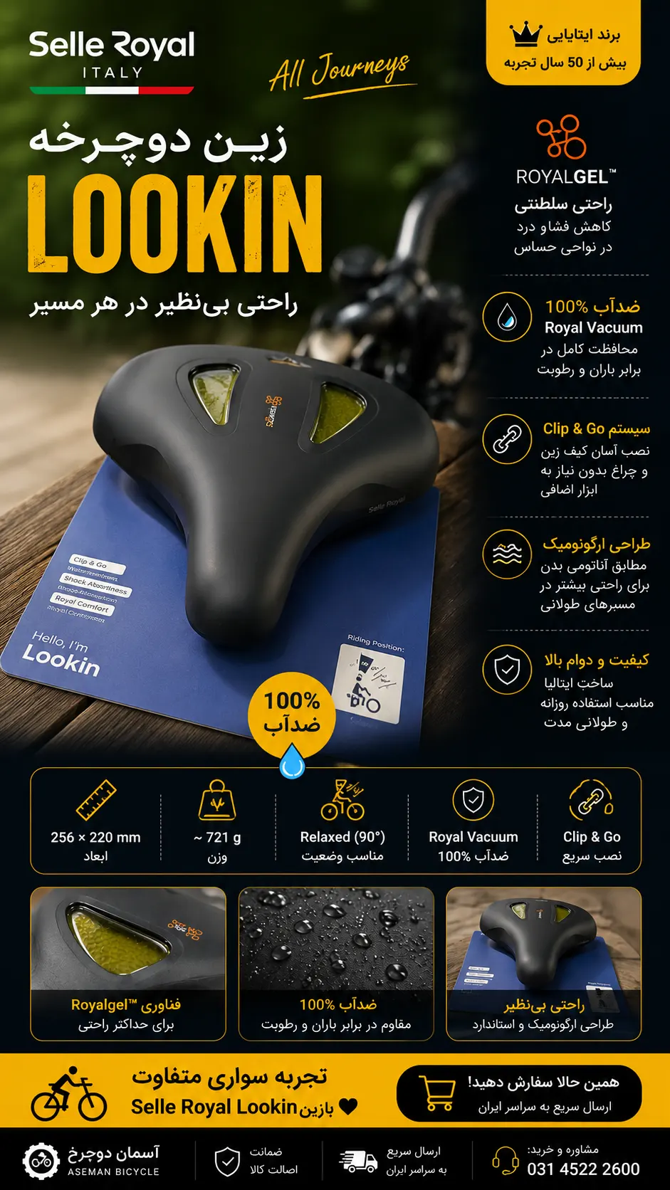 زین صندلی دوچرخه ژله ای طبی سل رویال مدل لوکین پهن Selle ROYAL LOOKIN WIDE استاندارد ایتالیا