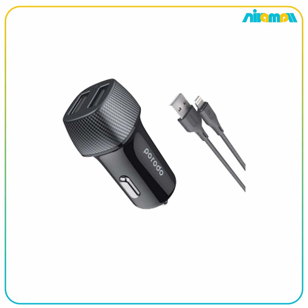 شارژر فندکی 2 پورت پرودو مدل QC3.0 38W به همراه کابل Braided Type-C to Lightning به طول 0.9m
