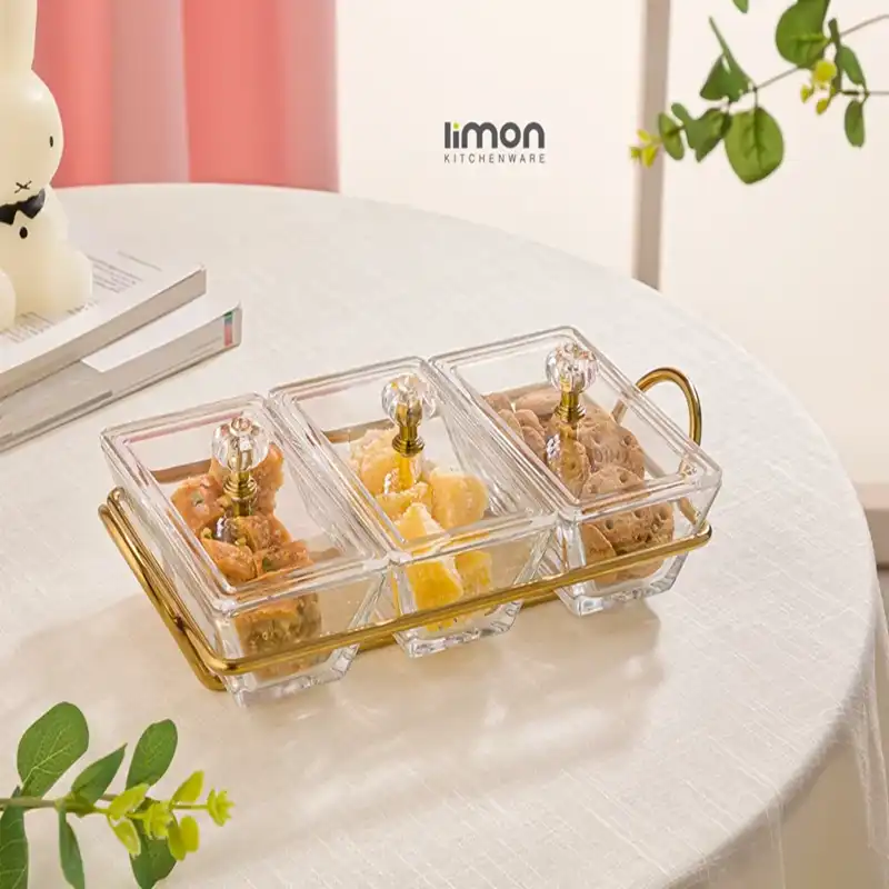 اردو خوری شیشه ای مستطیل 3 خانه لیمون کد 210400 - طلایی