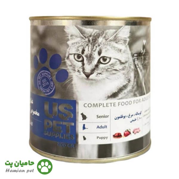کنسرو گربه یو اس پت (US pet) طعم گوشت، مرغ و بوقلمون ۸۰۰ گرم