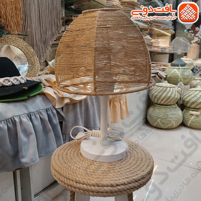 آباژور رومیزی رافیا کرم پایه فلزی کد 015113