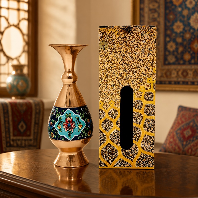 گلدان مسی طرح پرداز ارتفاع 20 سانتی با جعبه سنتی