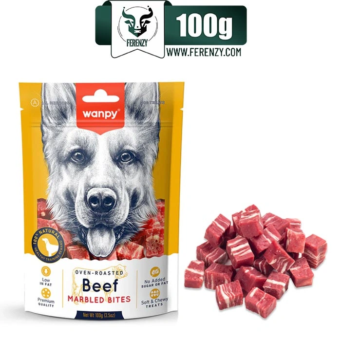 تشویقی سگ ونپی مدل گوشت تکه ای با طعم گوشت گاو وزن 100 گرم Wanpy Beef Marbled Bites