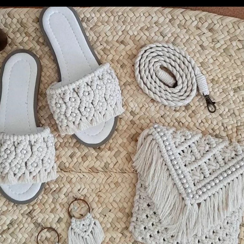ست کیف و صندل مکرومه. کیف در ابعاد 20در 20