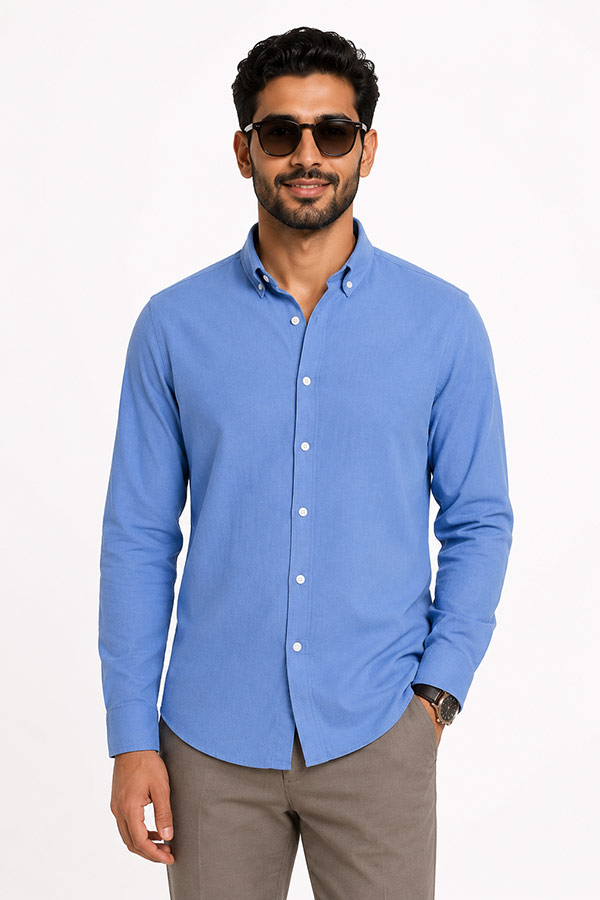 پیراهن کتان مردانه یقه دکمه‌ دار مدل Slim Fit Narrow