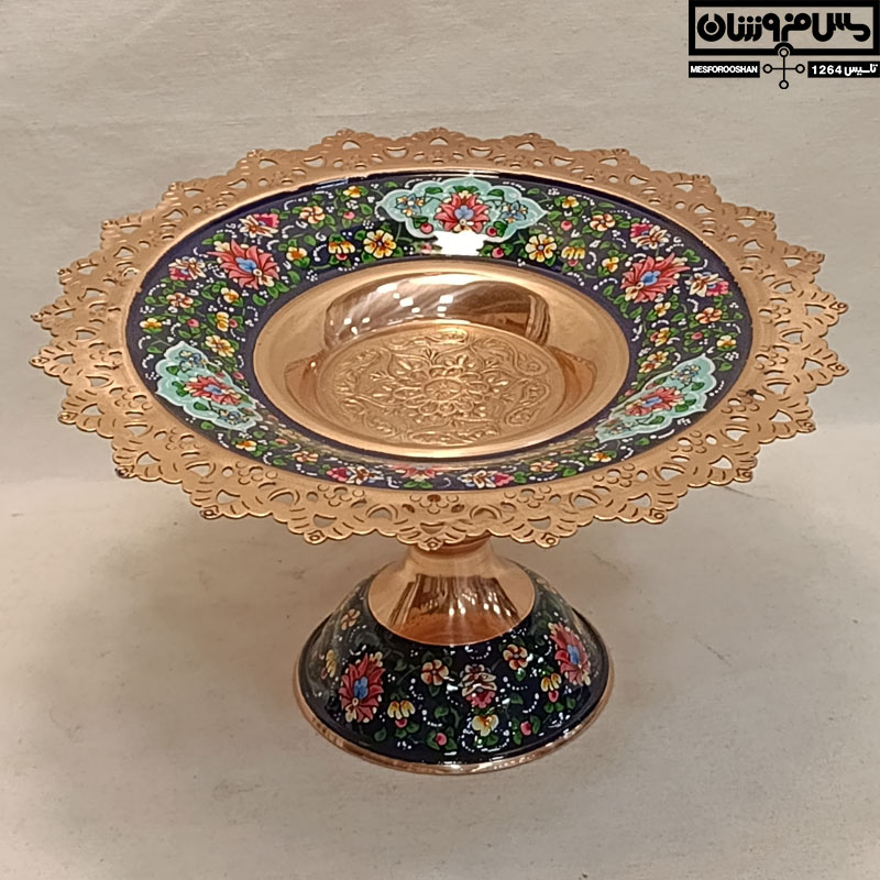 شیرینی خوری مس و پرداز طرحدار پایه دار دستساز نانو زنجان سایز 1 مدل ترنر
