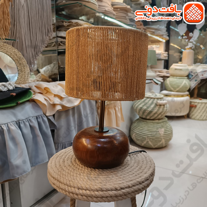 آباژور رومیزی رافیا کرم پایه چوبی کد 01511