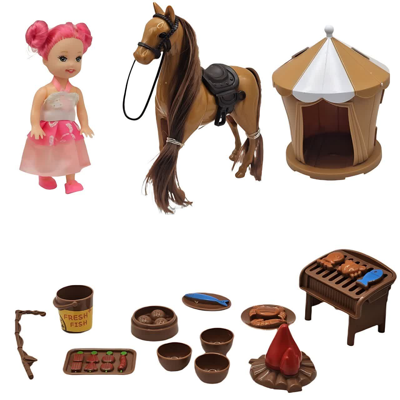 اسباب بازی ناب سل مدل دختر مفصلی بامزه به همراه اسب و لوازم پیک نیک کدCUTE AND FUN HORSE TOY NAAB001مجموعه 14 عددی