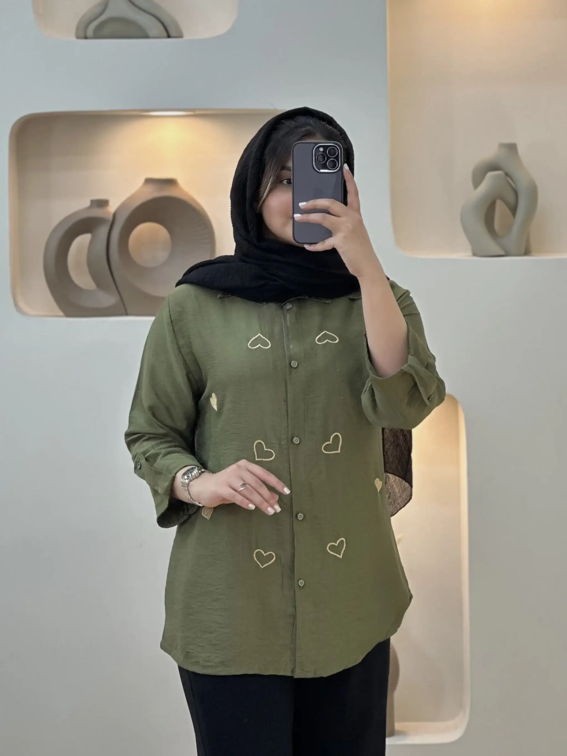 شومیز گلدوزی قلب-10208 - سبز زیتونی