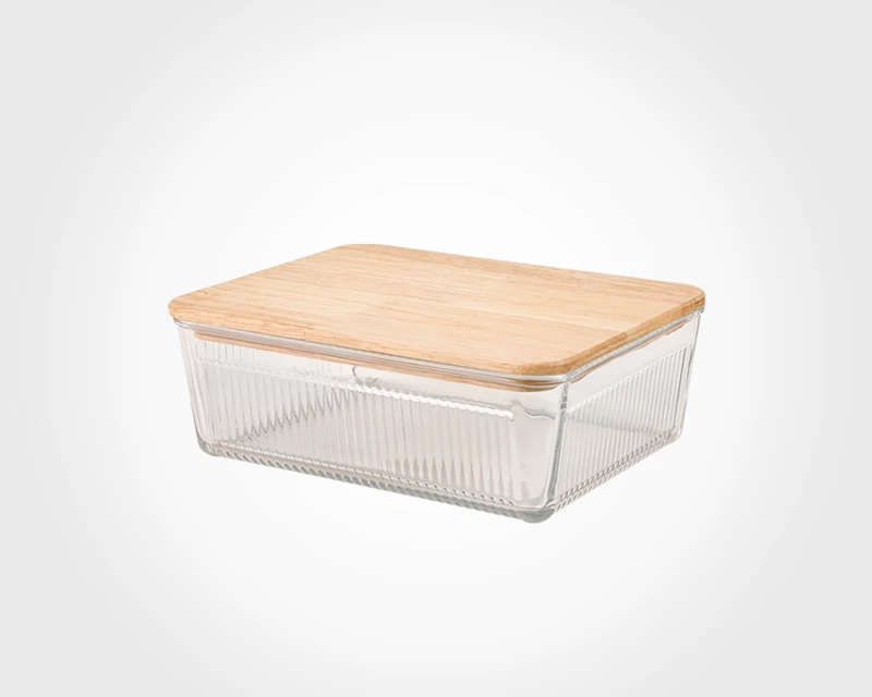 ظرف شیشه ای شیاردار 1/1 لیتر درب چوبی لیمون کد 219159