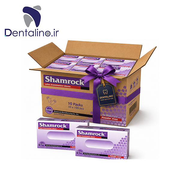 دستکش معاینه لاتکس بدون پودر 1 کارتن 10 بسته 100 عددی Shamrock