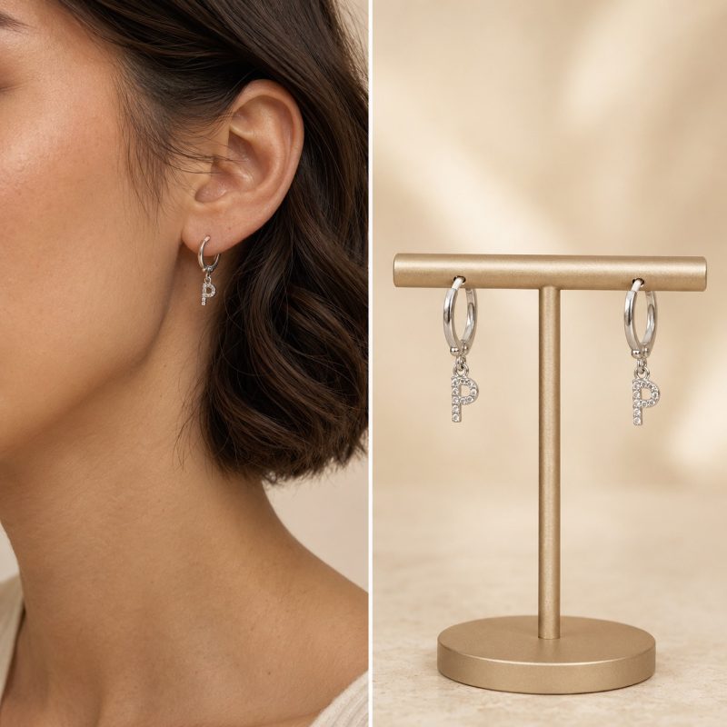 گوشواره حلقه‌ای نقره‌ای آویز حرف P نگین‌دار