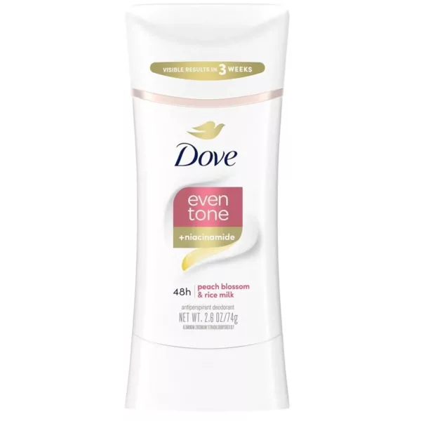 مام صابونی زنانه ضد تعریق داو روشن کننده پوست حاوی نیاسینامید 48ساعته Dove Even Tone Antiperspirant Deodorant Stick Peach Blossom & Rice Milk 74g