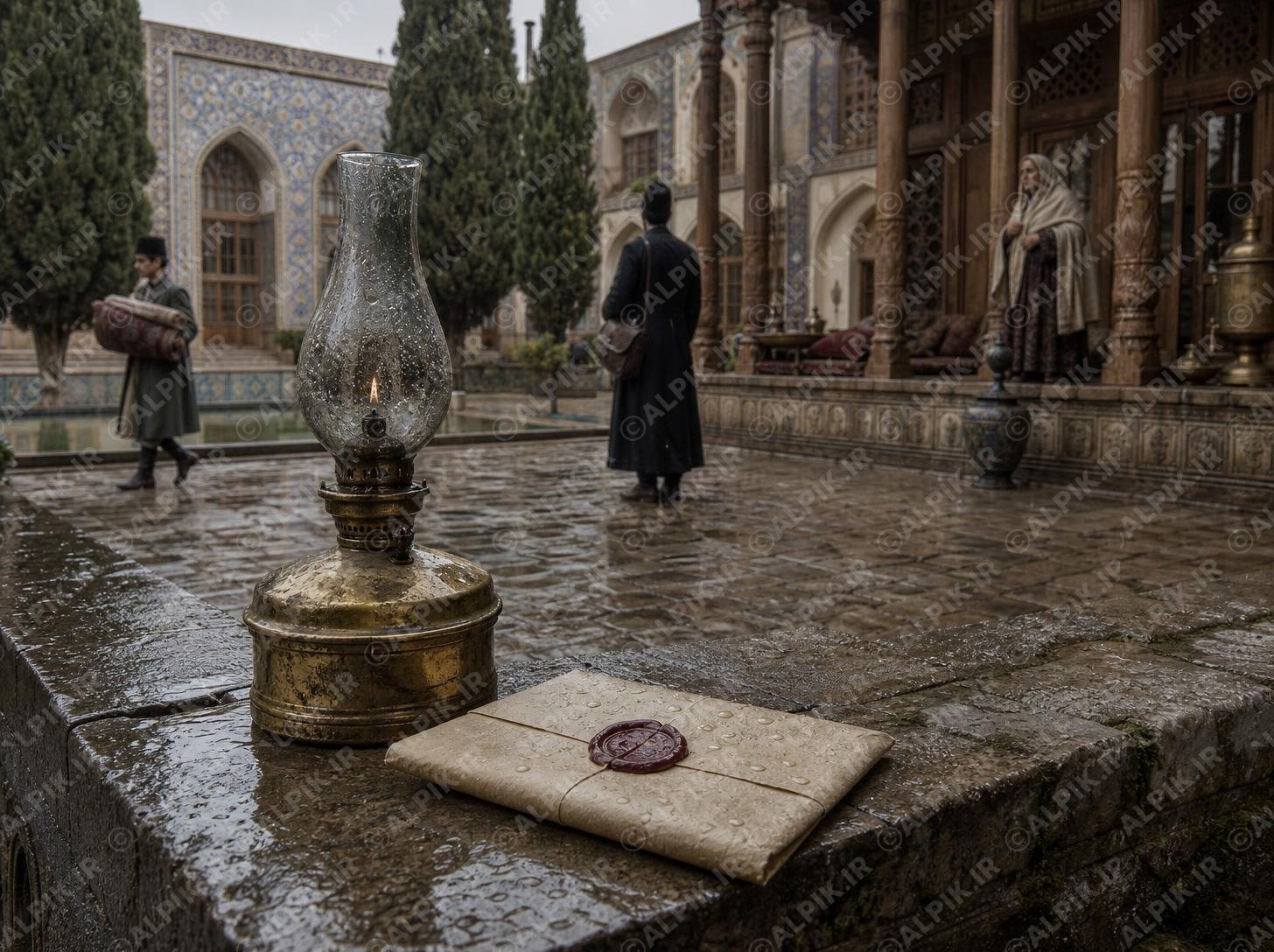 نامه و چراغ نفتی در باران