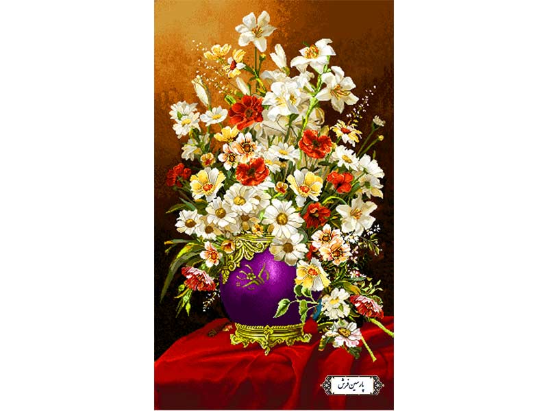 نخ و نقشه تابلو فرش گلدان با گل های بابونه - کد NG1498
