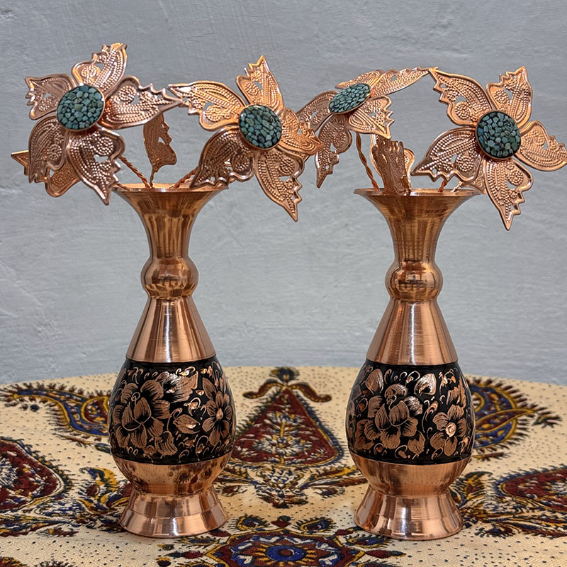 گلدان مسی الماس تراش دوعددی 16سانتی