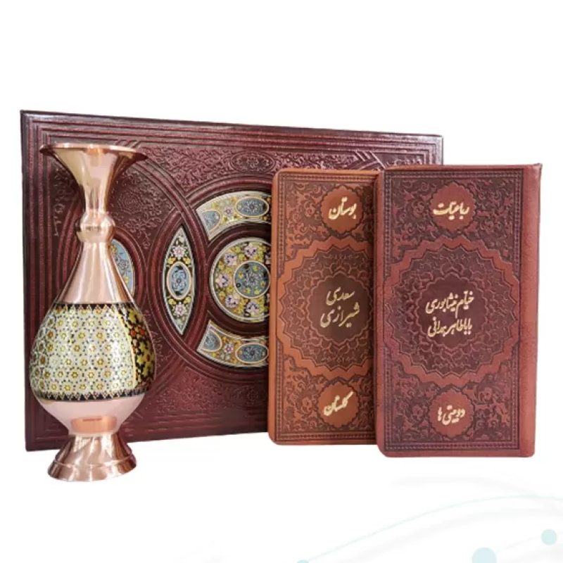 خیام و باباطاهر و گلستان و بوستان پالتویی چرم با گلدان خاتم