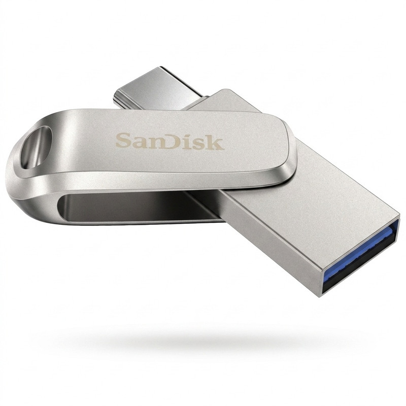 فلش مموری سن دیسک مدل Dual Drive Luxe ظرفیت 128 گیگابایت با طراحی چرخشی، دو رابط USB Type-C و USB Type-A، سرعت انتقال 150 مگابایت بر ثانیه، بدنه فلزی و سازگار با موبایل، تبلت، کامپیوتر و تلویزیون - نقره ای